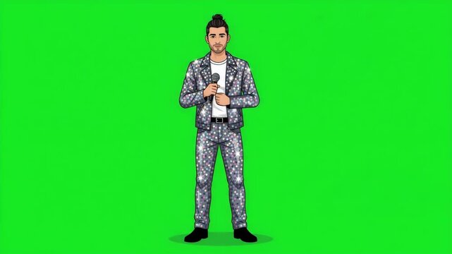Cartoon man with microphone on green screen, ready for singing performance or presentation.