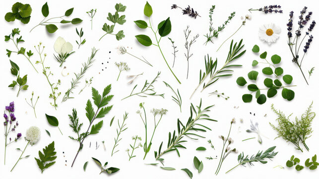 Fresh herbs and green leaves arranged artistically, showcasing various plant types and textures, creating vibrant and natural aesthetic