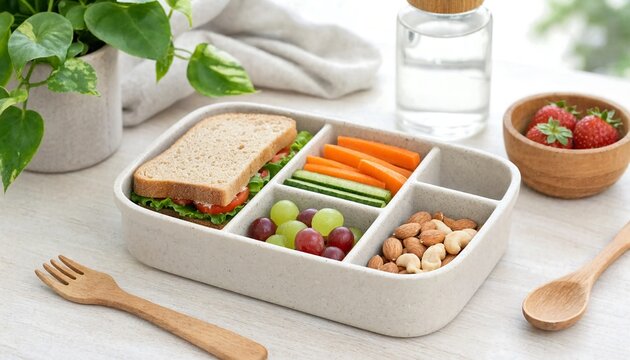 A healthy lunch box containing sandwich vegetables fresh grapes nuts and strawberries
