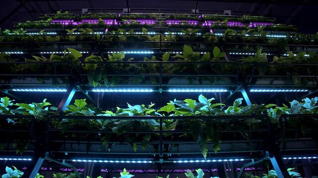 Vertical hydroponic garden with illuminated shelves showcasing lush green plants under vibrant LED lights in a modern indoor farming environment