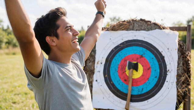 Young man celebrates success, arms raised in triumph after hitting the bullseye on an archery target with an axe. This outdoor sport brings joy and satisfaction