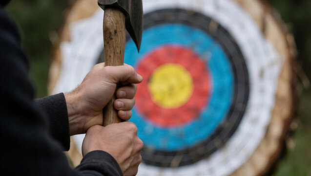 A focused individual grips an axe, ready for target practice. The blurred bullseye in the background emphasizes the anticipation of this thrilling challenge