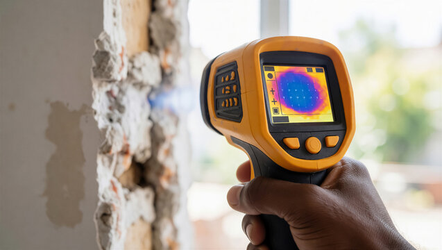 Professional hand holding a thermal imaging camera to inspect a wall for heat loss. Infrared scanner shows a temperature map during a home energy audit