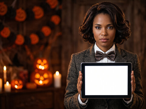 serious african american woman in an elegant suit holding a tablet with a white screen against candles and carved halloween pumpkins