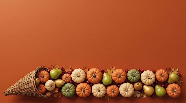A beautiful cornucopia overflowing with colorful miniature pumpkins gourds and fresh pears arranged on a solid warm orange background for a festive autumn harvest theme