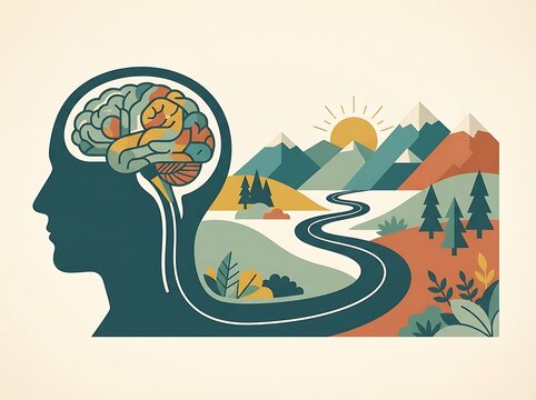 Conceptual illustration of a human head profile containing a brain and a peaceful landscape scene.