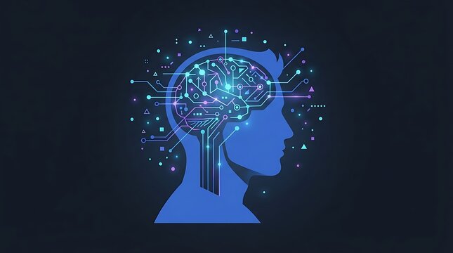 Abstract illustration of a human head silhouette with glowing digital circuit brain representing artificial intelligence.