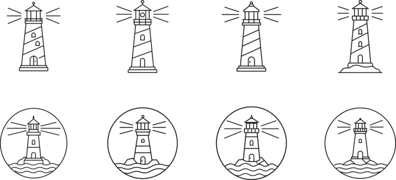 Black and white lighthouse icon line art vector illustration with clean outline design for maritime themes.