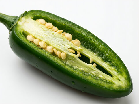 A fresh green jalapeo pepper sliced in half lengthwise, showing the internal seeds and membrane, isolated on white background