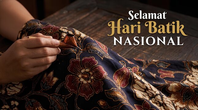 Hands working on detailed batik textile for National Batik Day celebration.