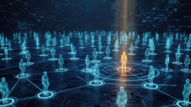 Humanoid figures in digital network featuring a standout golden leader for cybernetic connectivity and professional leadership concept in human resources technology and corporate strategy.