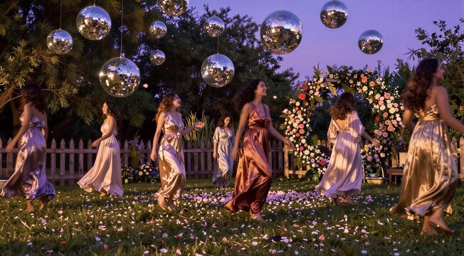 Women dancing in flowing dresses in decorated garden