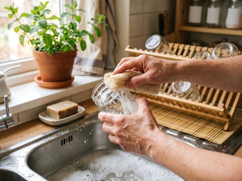 Dish Washing Zero Waste Routine with Natural Sponge and Refillable Soa