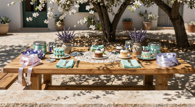 Rustic table set with pastries under blooming tree