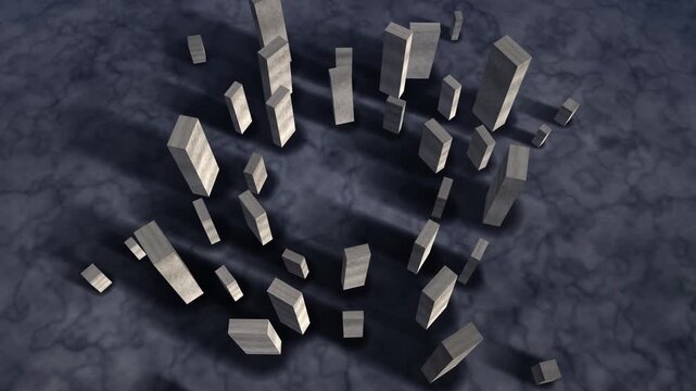 Ancient Stone Circle of Standing Monoliths, Slow Orbiting Aerial View With Parallax, Seamless Loop in soft indigo tones