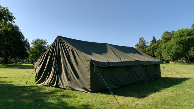 large army tent pitched in an open green park under a bright clear sky, wide daylight view of the canvas structure surrounded by grass and trees, military display concept, outdoor