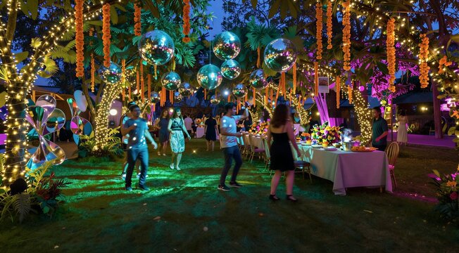 Guests mingling under disco balls at illuminated garden party