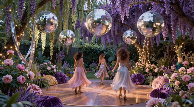 Young girls twirling under mirrored disco balls in garden
