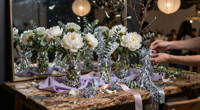Floral arrangement being prepared on wooden table at event