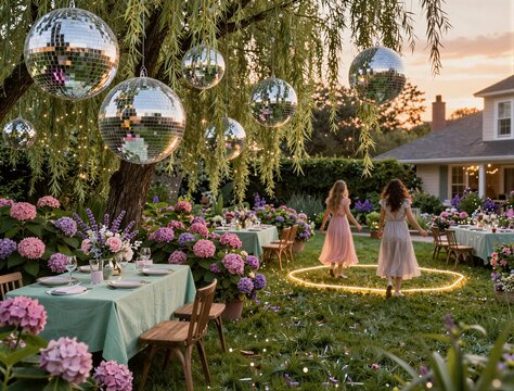 Two girls walking near table settings in garden at dusk