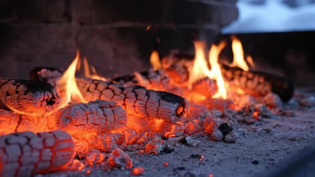 Radiant charcoal and fragmented logs stretch across a shallow ash bed as small flames shimmer under a cool blue backdrop, capturing lingering fireside heat during a peaceful blue winter twilight