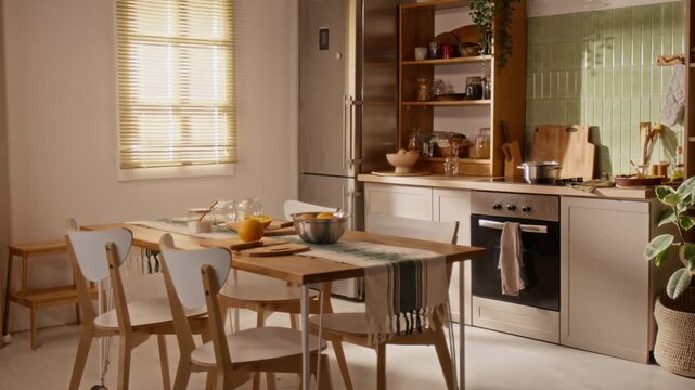Modern empty kitchen interior displaying dining table, stainless steel refrigerator, cooking area. Clip perfect for real estate promotion, home renovation ads, lifestyle storytelling