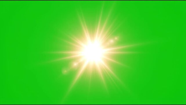 Bright sun lens flare effect on green screen background.