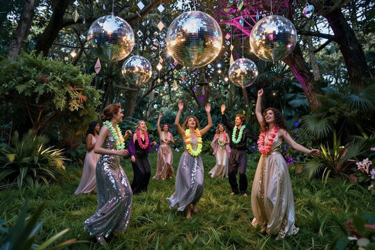 Group dancing under disco balls in woodland party at night