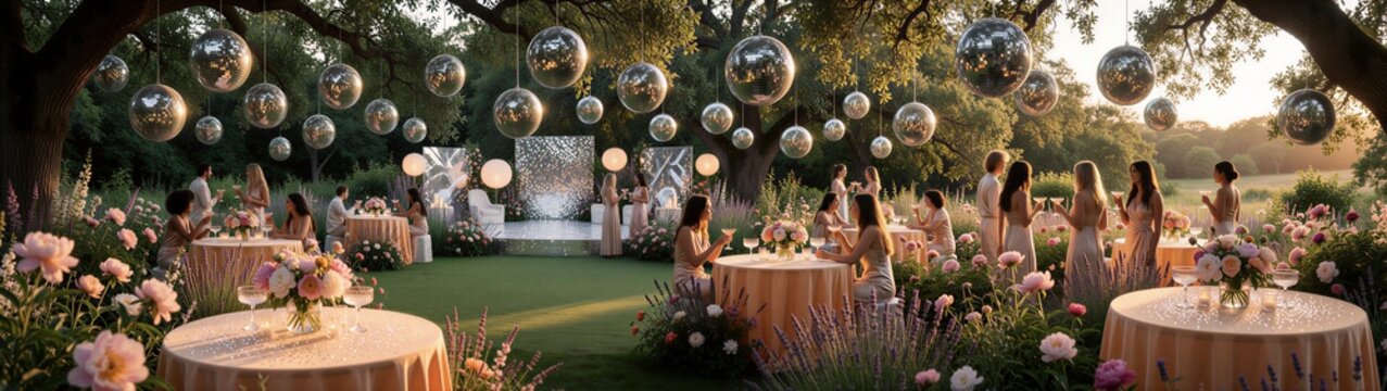Guests mingling beneath hanging mirrored spheres at sunset
