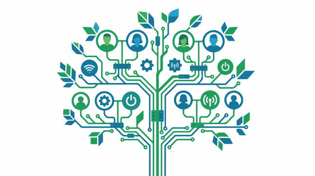A modern family tree where the leaves are digital profile icons and circuit nodes, representing tech-based lineage and heritage. Clean green and blue palette on white. Trace optimized,