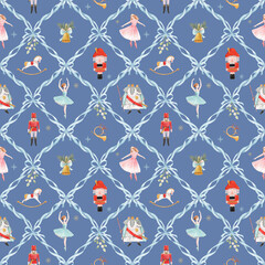 Obraz premium Watercolor Nutcracker Ballet Christmas Seamless Pattern with Ribbon Lattice and Vintage Fairytale Characters
