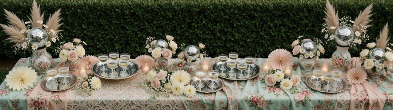 Table settings arranged with floral decor beside garden hedge