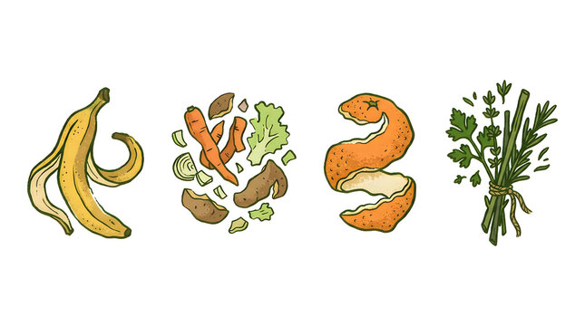 This colorful illustration of organic kitchen waste scraps is perfect for composting and ecofriendly recycling projects