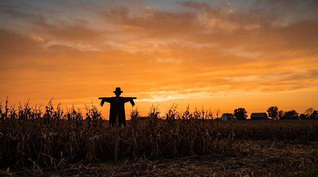 Minimalist Halloween Wallpaper Scarecrow Cornfield Sunset 4K