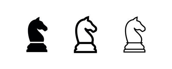 Chess knight icons in solid black, filled outline, and outline styles. © liubomir118809