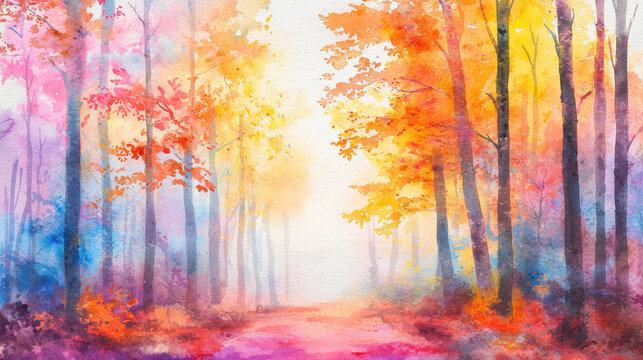 Vibrant watercolor landscape depicting serene forest in autumn with colorful foliage and soft light. scene evokes tranquility and beauty