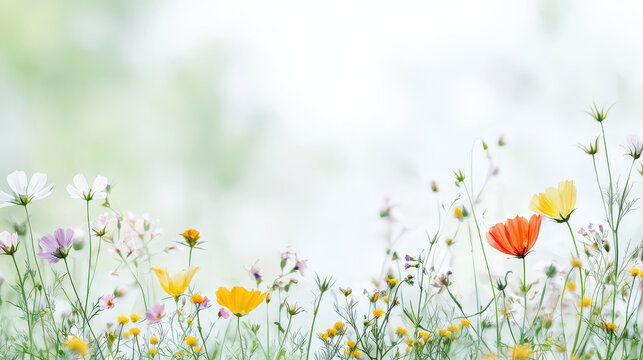 Vibrant wildflowers bloom in soft, dreamy landscape, showcasing variety of colors and delicate petals, evoking sense of tranquility and beauty