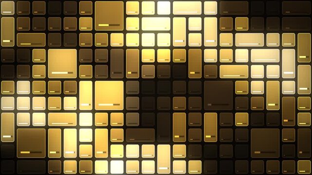 Risk heatmap dashboard grid of data tiles updating from cool blue to hot red, seamless loop in rich bronze tones