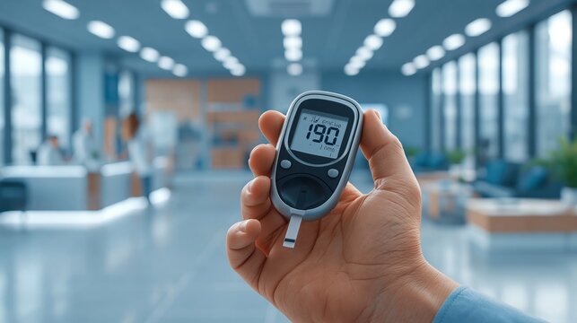 daily glucose monitoring. concept of diabetes monitoring. Hand holding digital blood glucose meter displaying reading in modern medical office with blurred background