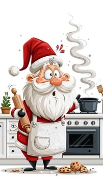 A clumsy cartoon Santa Claus cooking in the kitchen with a rolling pin, humor, flat design animation