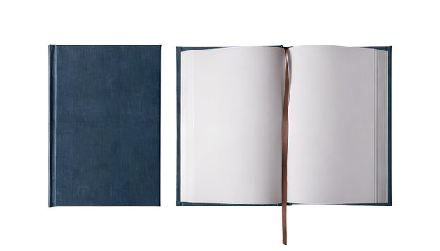 Dark Teal Hardcover Notebook Mockup Set Closed Cover and Open Blank Spreads Isolated Top View