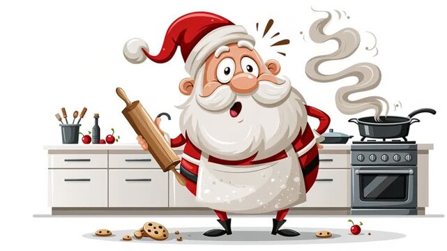A clumsy cartoon Santa Claus cooking in the kitchen with a rolling pin, humor, flat design animation