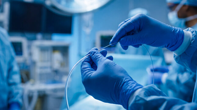 Surgeon hands manipulating medical catheter wire during a complex cardiovascular procedure.