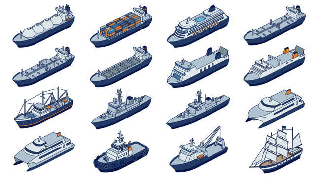 Cargo ships and vessels isometric icons set featuring cruise liner, tanker, tugboat, and sailing boat.