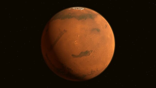 Mars planet with red cratered surface rotating in dark starry space