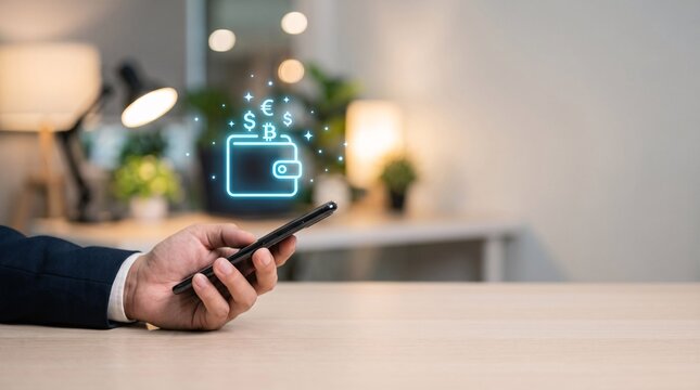 Digital wallet hologram on smartphone, mobile banking and online payment concept, businessman holding phone for financial transactions