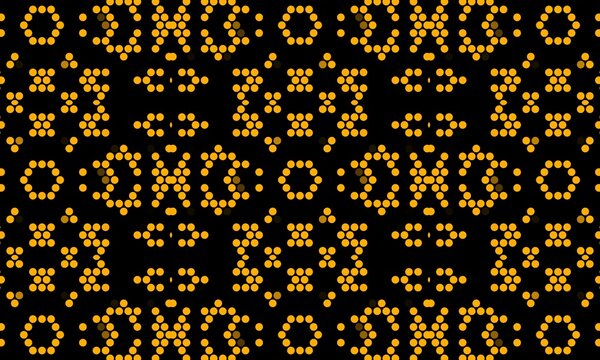Seamless vibrant orange dot matrix pattern featuring complex symmetrical geometric mosaic grids on a black background