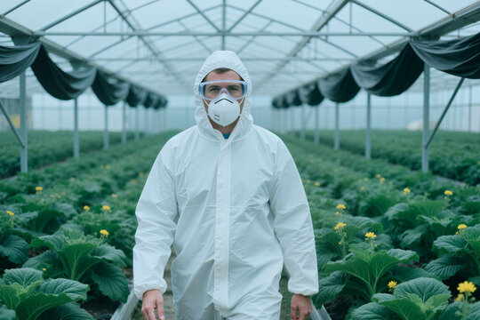 Portrait of middle aged Caucasian man wearing protective suit and respirator, inspecting greenhouse crops for biosecurity and contamination control. Useful for agriculture safety marketing