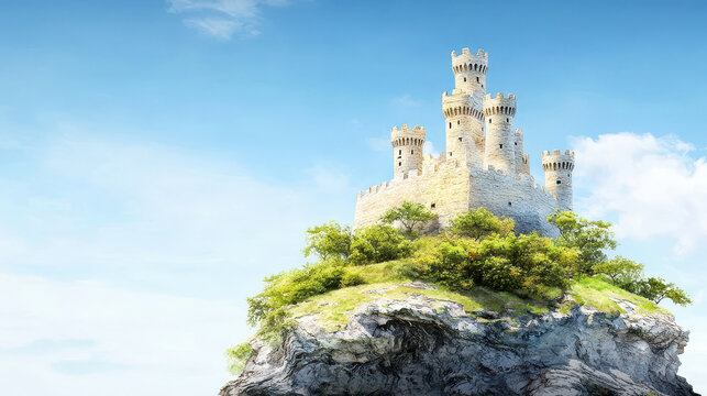 Majestic castle stands atop rocky hill, surrounded by lush greenery under bright blue sky. scene evokes sense of wonder and adventure