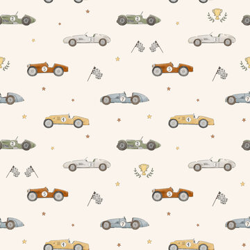 Retro Race Cars Seamless Pattern with Checkered Flags and Cute Handwritten Text